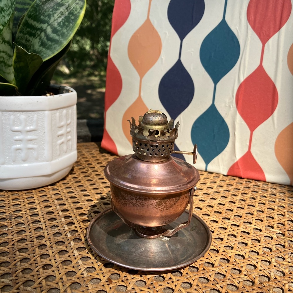 Small Vintage Copper Metal Swivel Oil Lamp w/Finger Loop